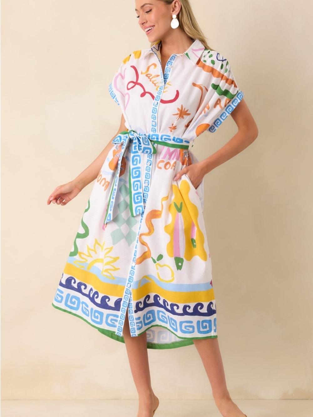 $198 Boutique White Multicolor Printed Shirt Midi Dress XS Colorful Resort Beach